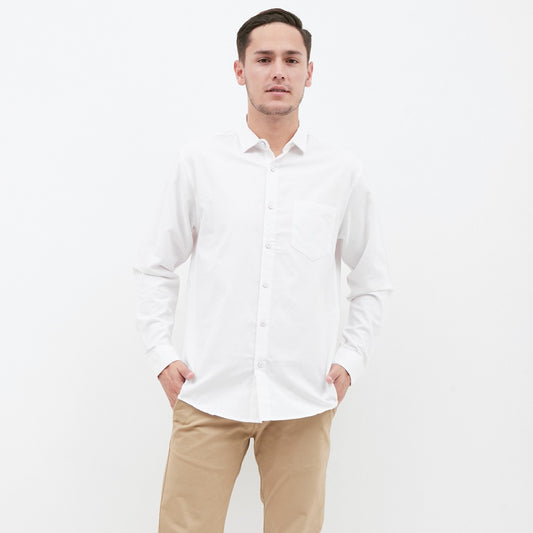 M231 Kemeja Pria Basic Polos Oxford Panjang Warna Putih 1456E
