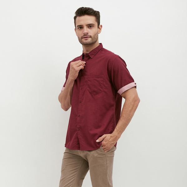 M231 Kemeja Pria Basic Polos Oxford Pendek Warna Maroon 1872B