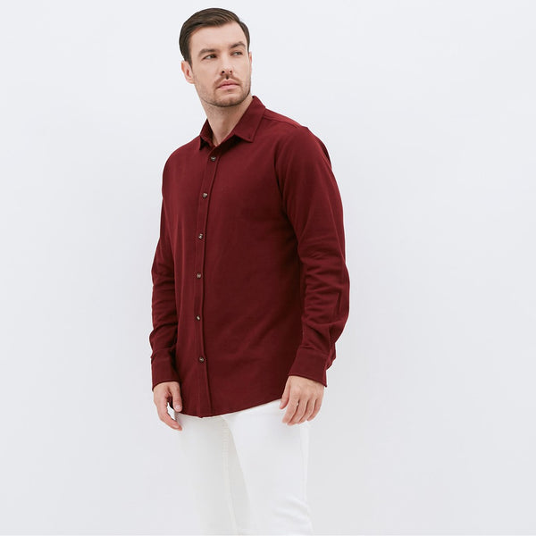 M231 Kemeja Pria Cotton Pique Panjang Warna Maroon 1792F