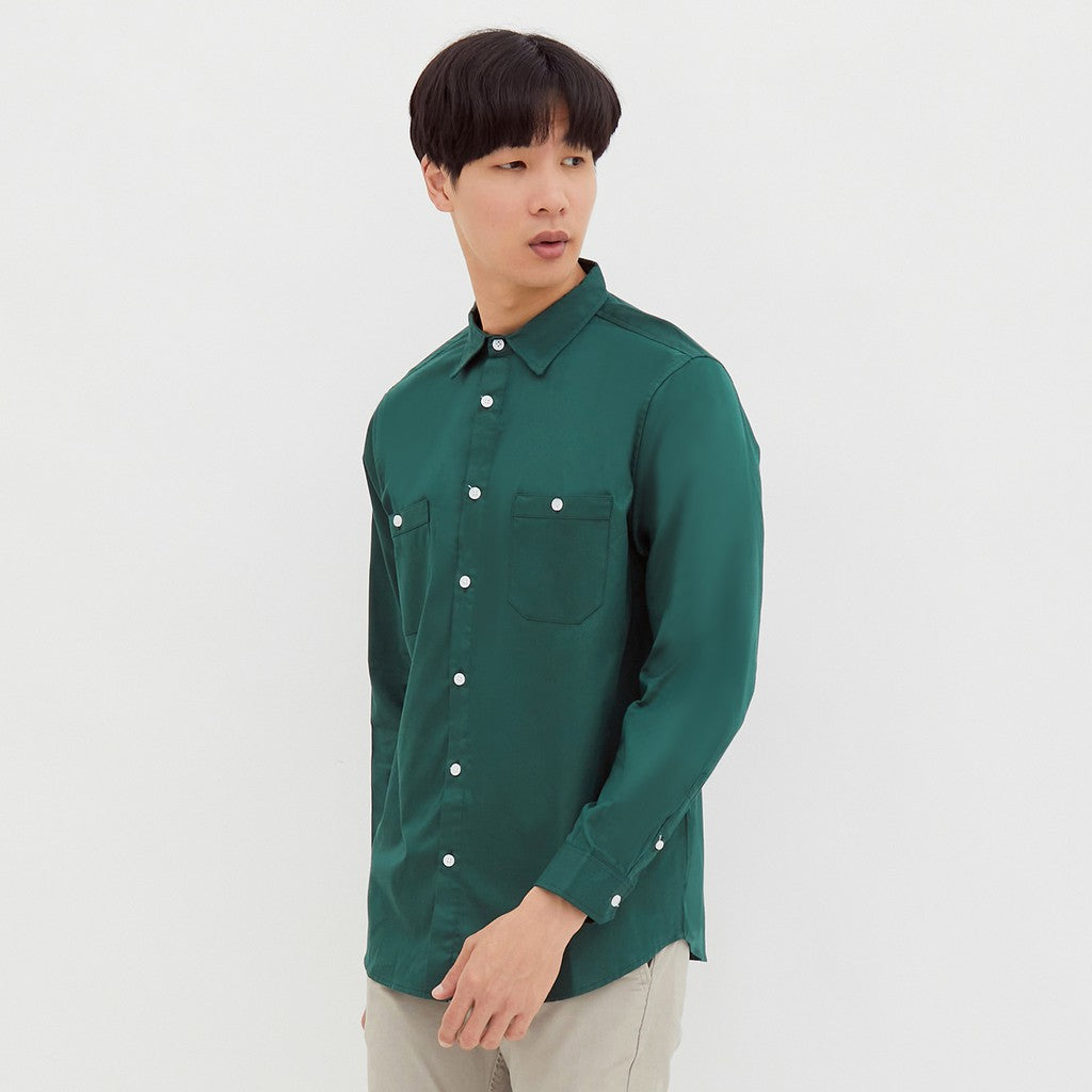 M231 Kemeja Pria Basic Polos Oxford Panjang Hijau Tua 2233I